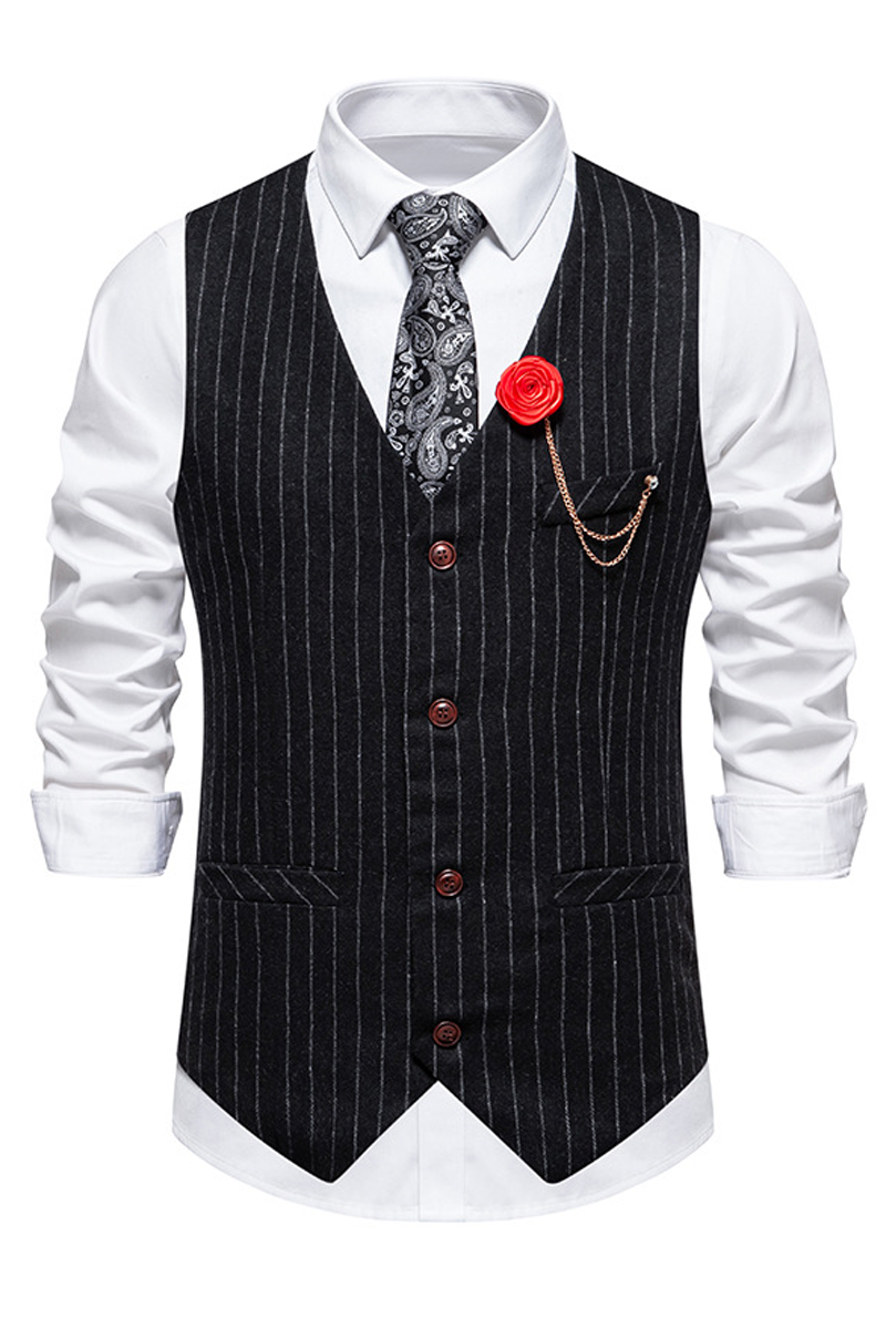 Pinstripe Pattern With A Red Rose Brooch And Chain Pocket Single-Breasted Suit Vest