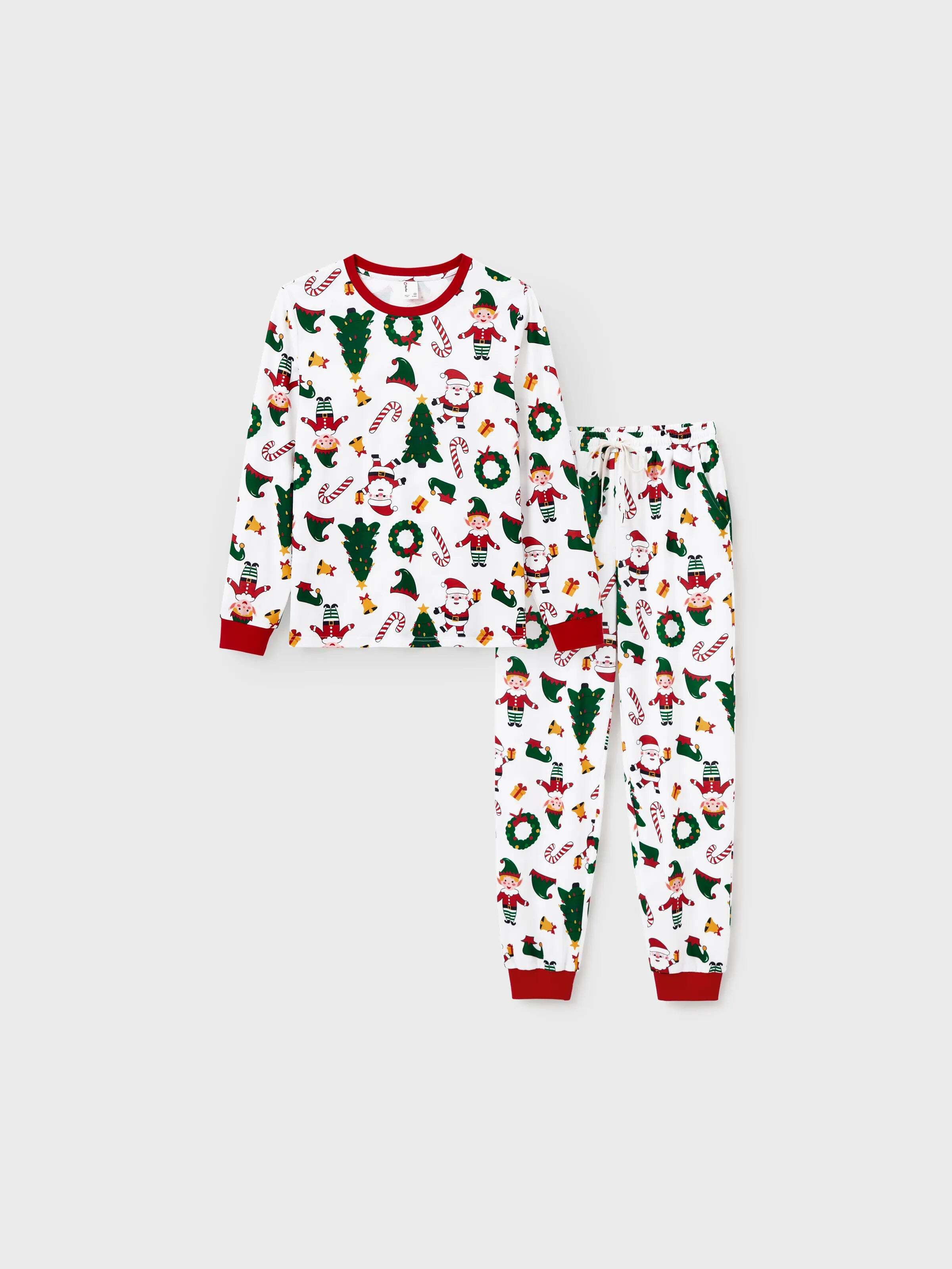 Christmas Matching Family Pajamas Set Santa Claus and Christmas Tree Print Long-sleeve PJS with Christmas Socks White