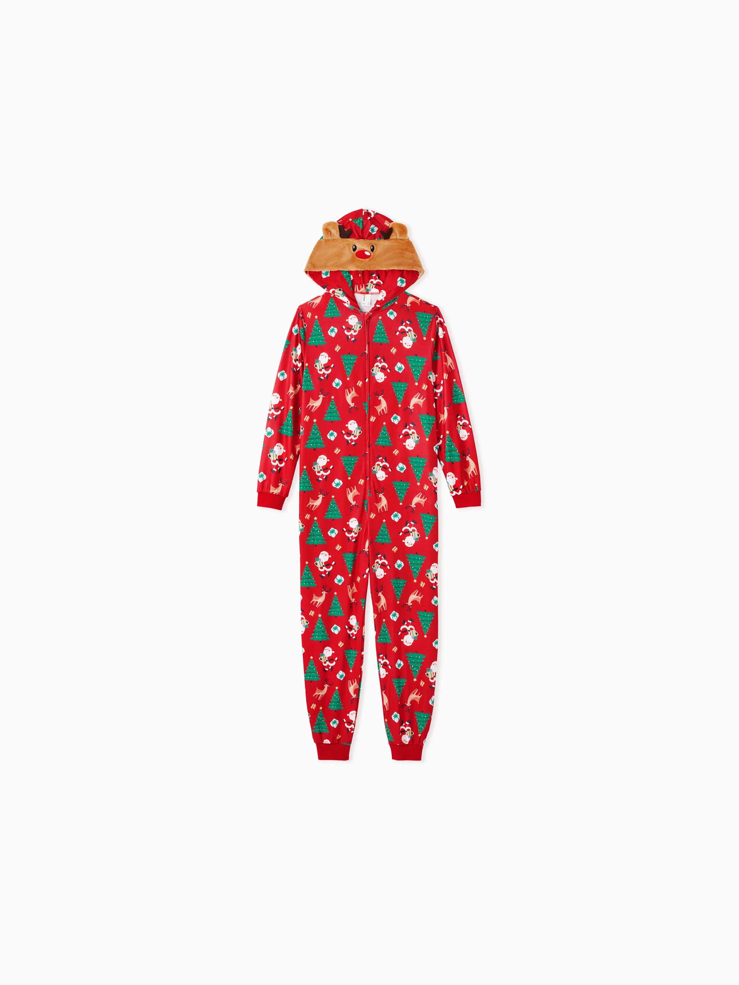 Christmas Family Pajamas Sets 3D Reindeer Hooded Allover Print Onesies with Christmas Socks Red-2