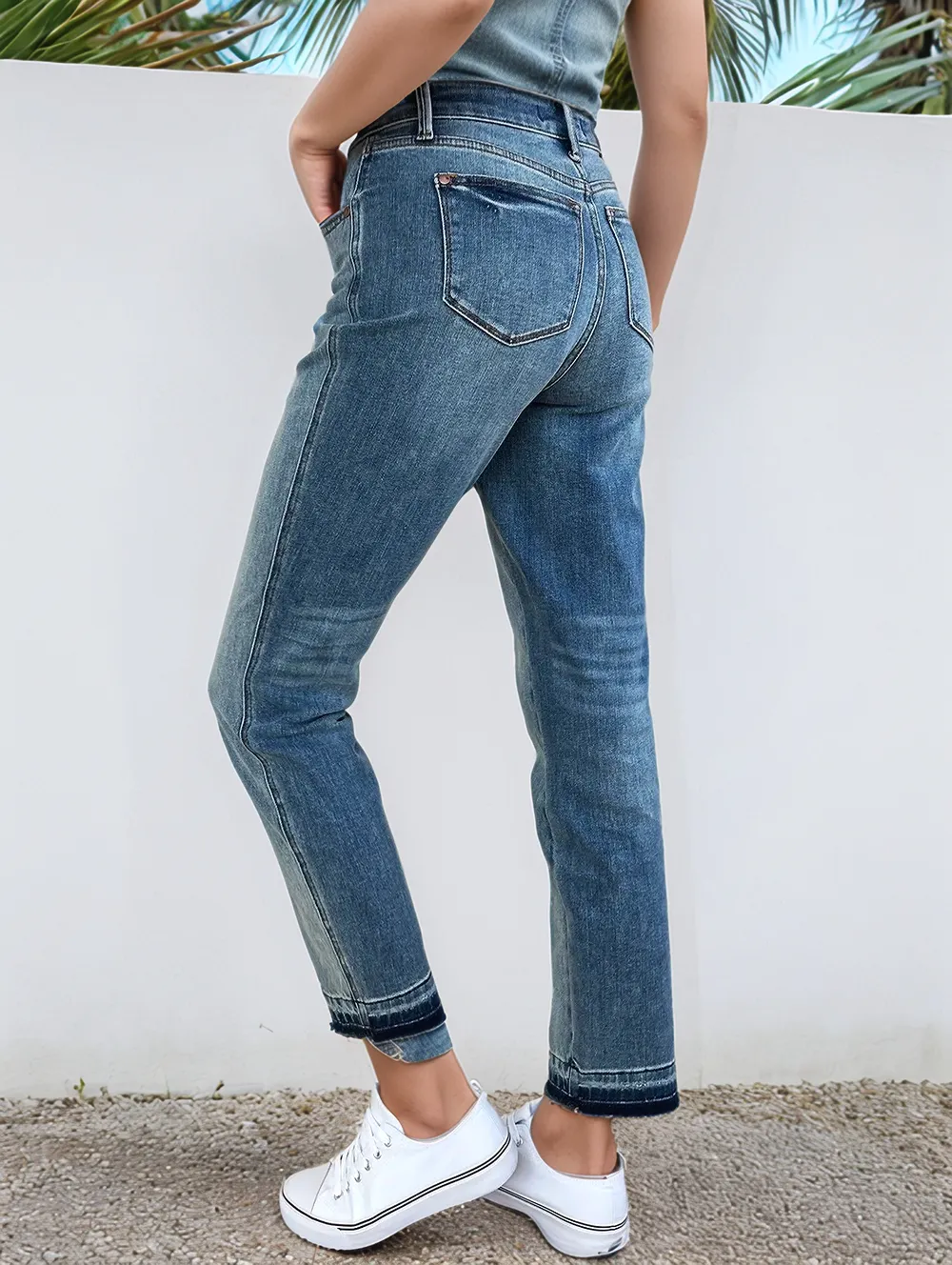 Blue Full Size Mid Rise Rigid Magic Release Hem Jeans