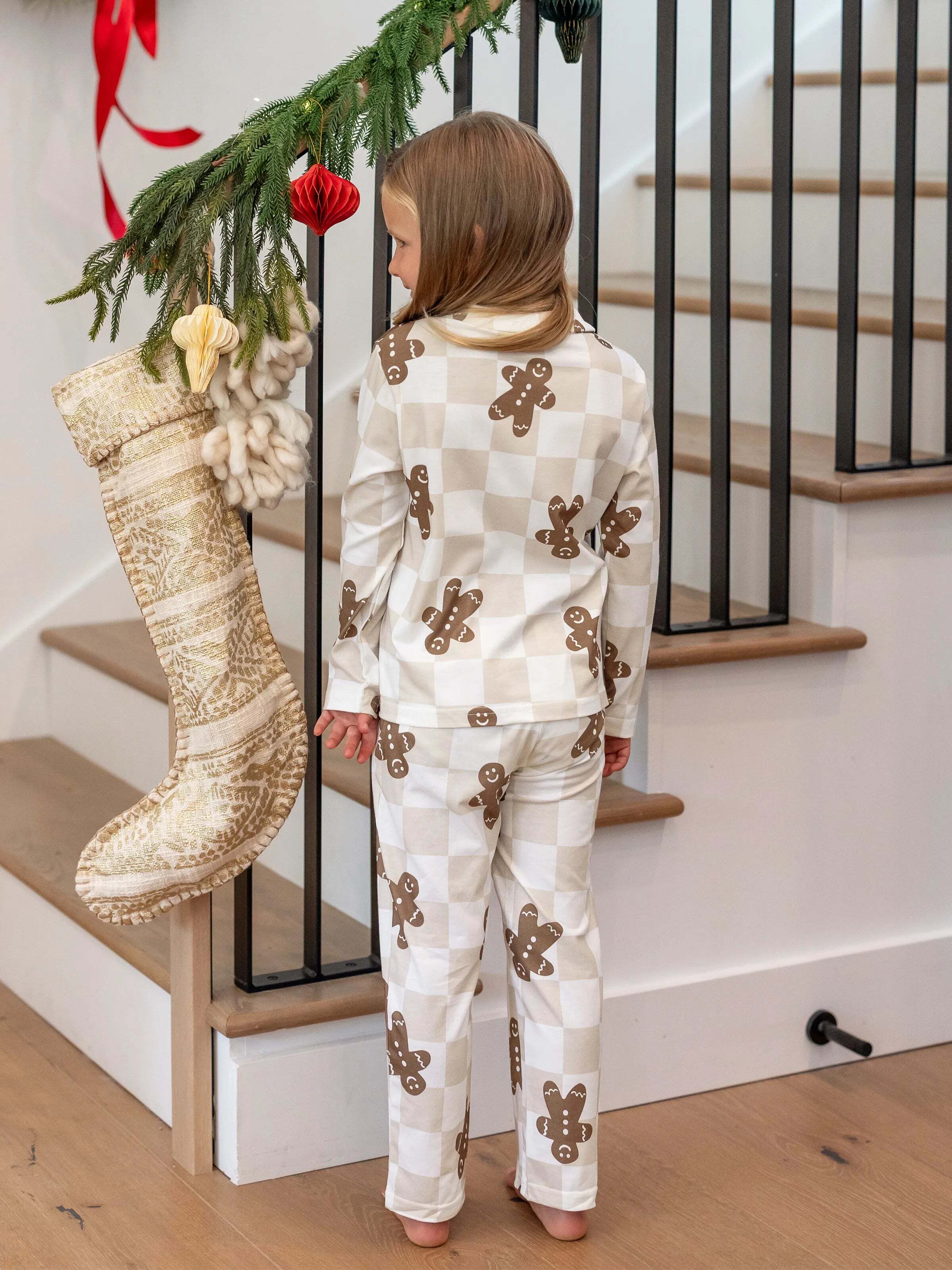 Christmas Matching Family Pajamas Set Block checkered Gingerbread Print PJS with Christmas Socks Khaki