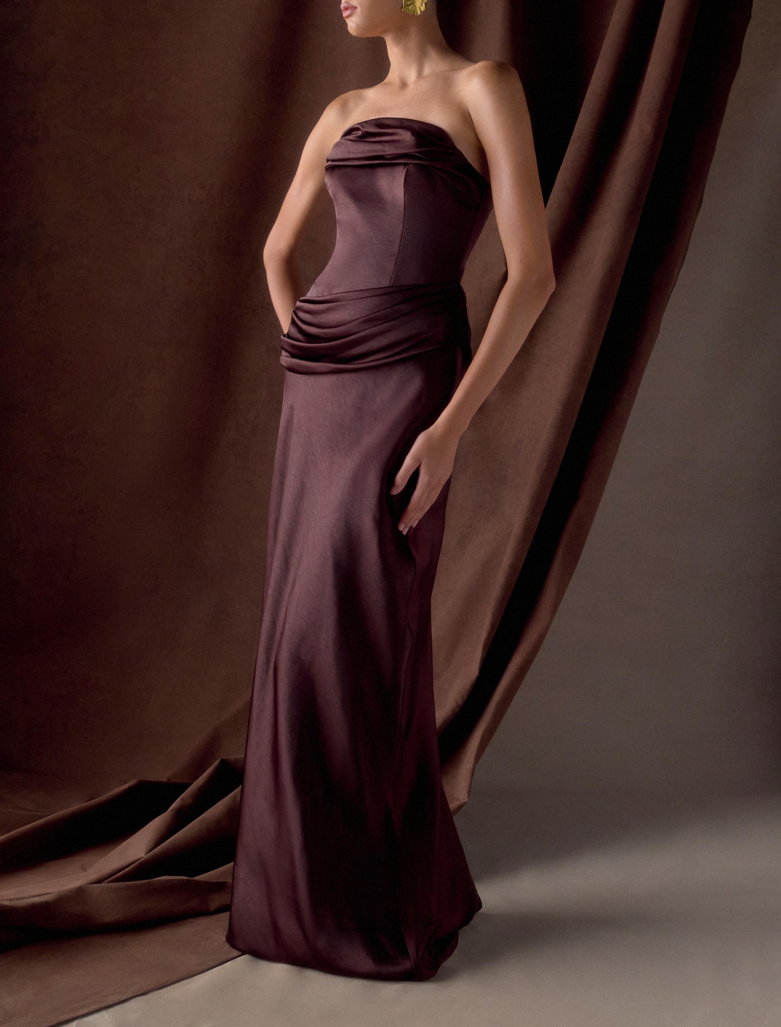 Chocolate Strapless Satin Maxi Dress