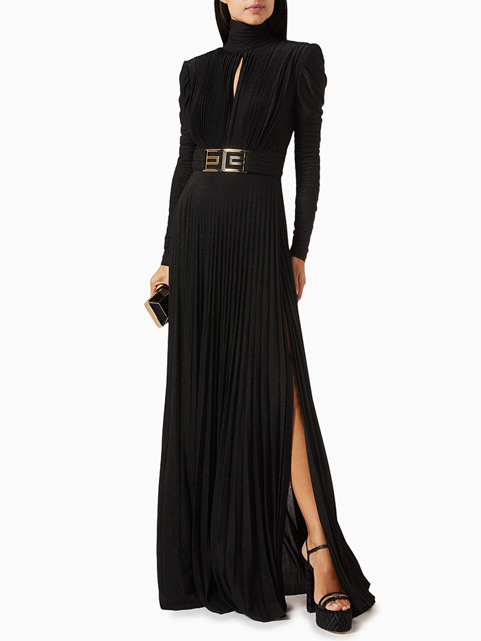 Long Sleeves Pleated Solid Color Split-Side V-Back High-Neck Evening Dresses Maxi Dresses