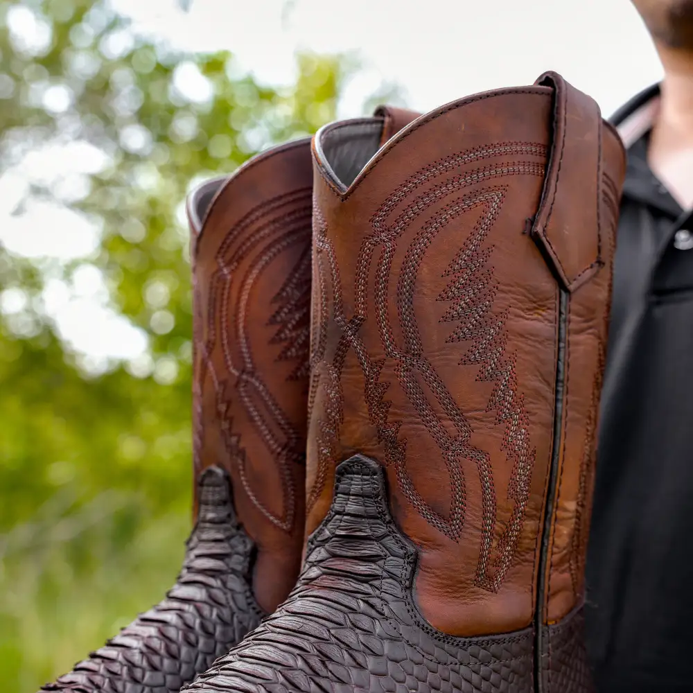 Matte Brown Python Leather Boots With Lightweight Soles - Square Toe