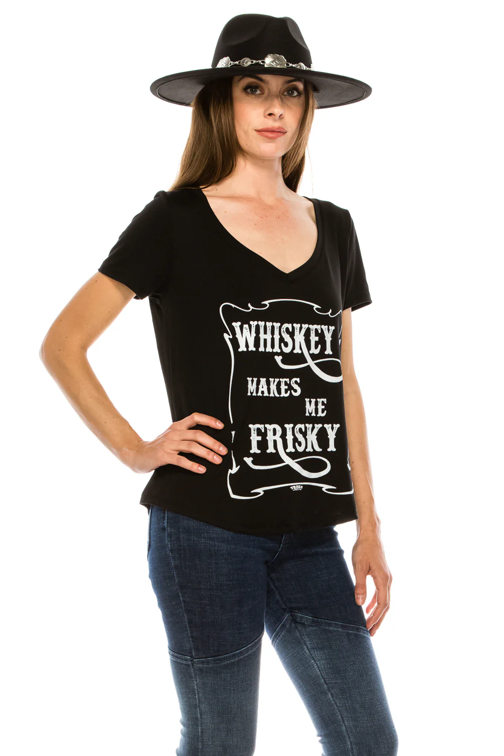 WHISKEY MAKES ME FRISKY V NECK SHIRT