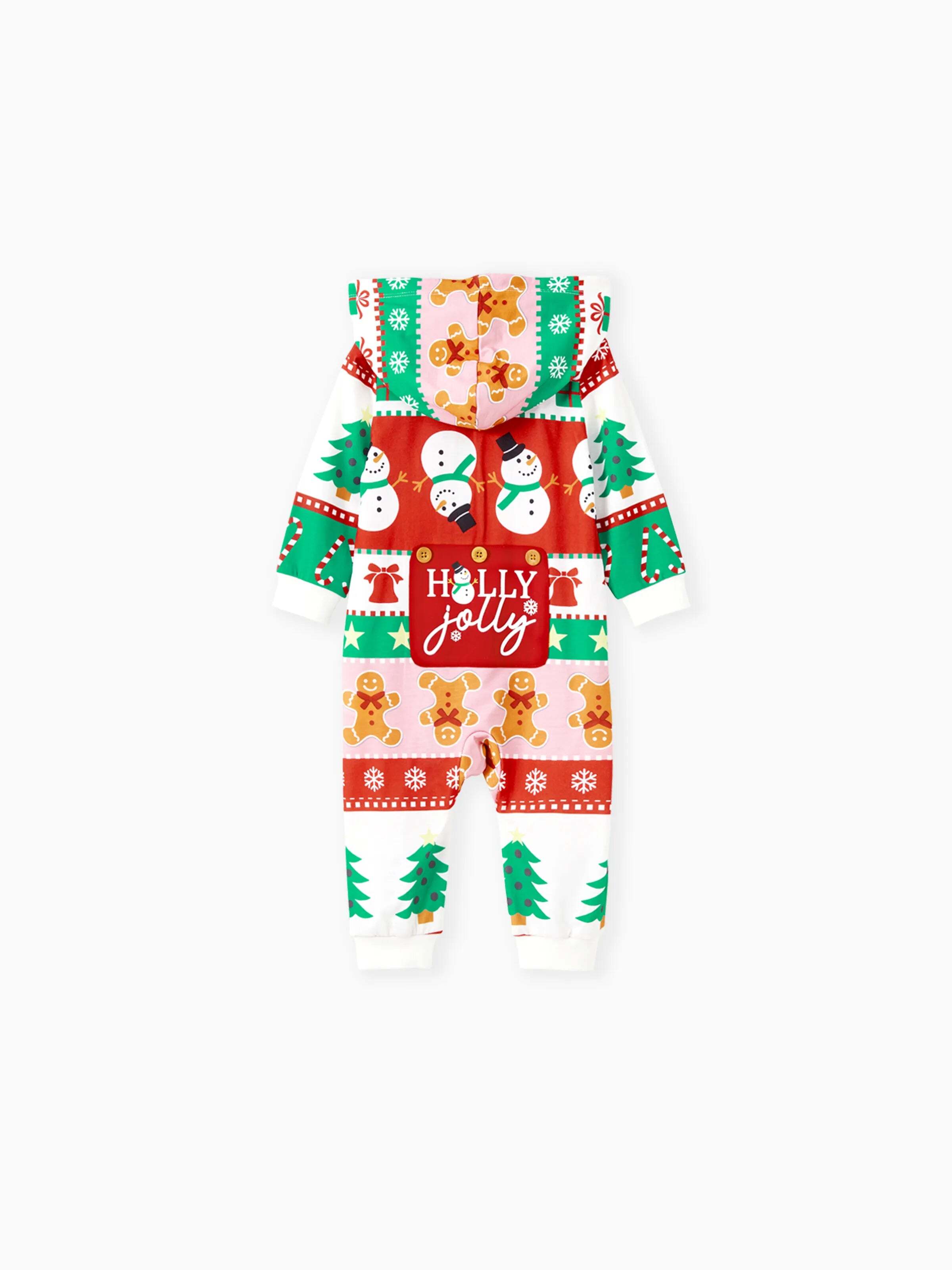 Onesies Pajamas Matching Christmas Outfits Allover Pattern Zipper Front Holly Jolly Print with Christmas Socks Back MultiColour