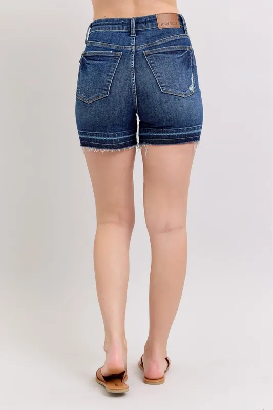 Blue High Waist Tummy Control Destroy Release Hem Denim Shorts