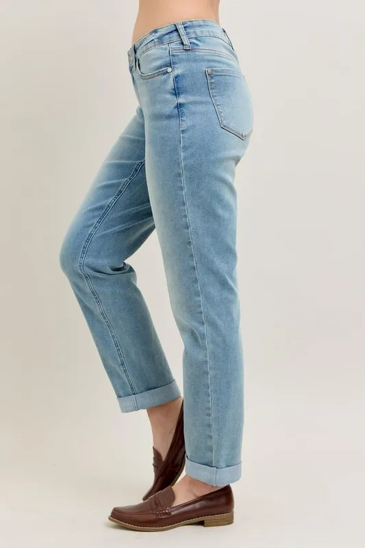 Blue Full Size V-Front Cuff Boyfriend Jeans Plus Size