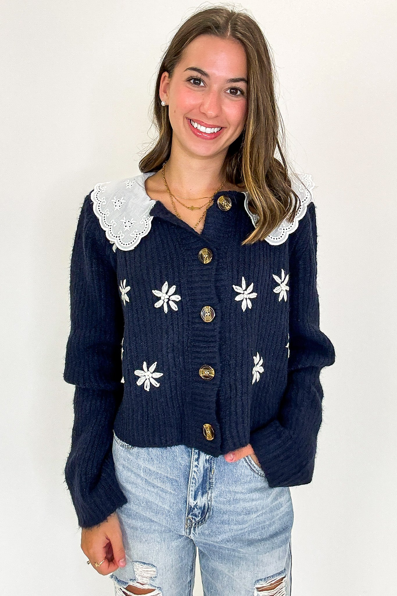 Cottage Bloom Floral Knit Collared Cardigan