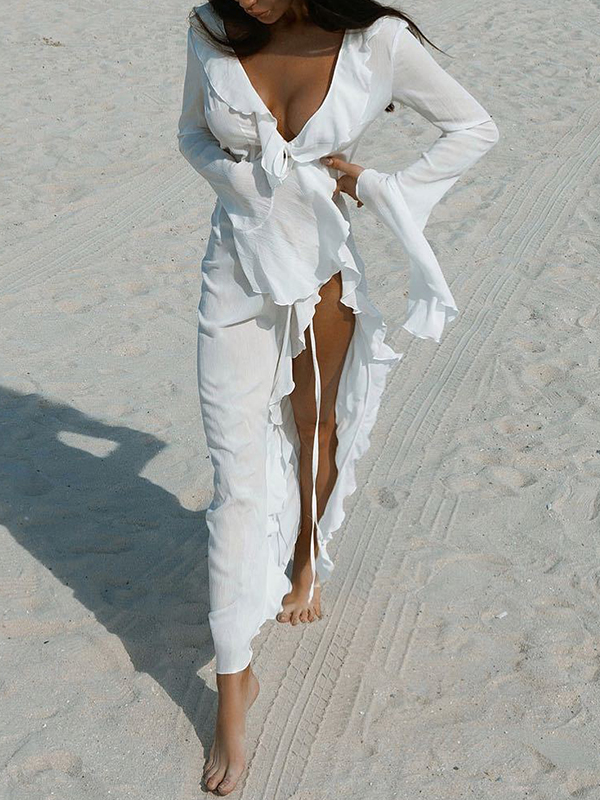 Solid Color Ruffled Long Sleeves Vacation Cover-Ups Maxi Dresses