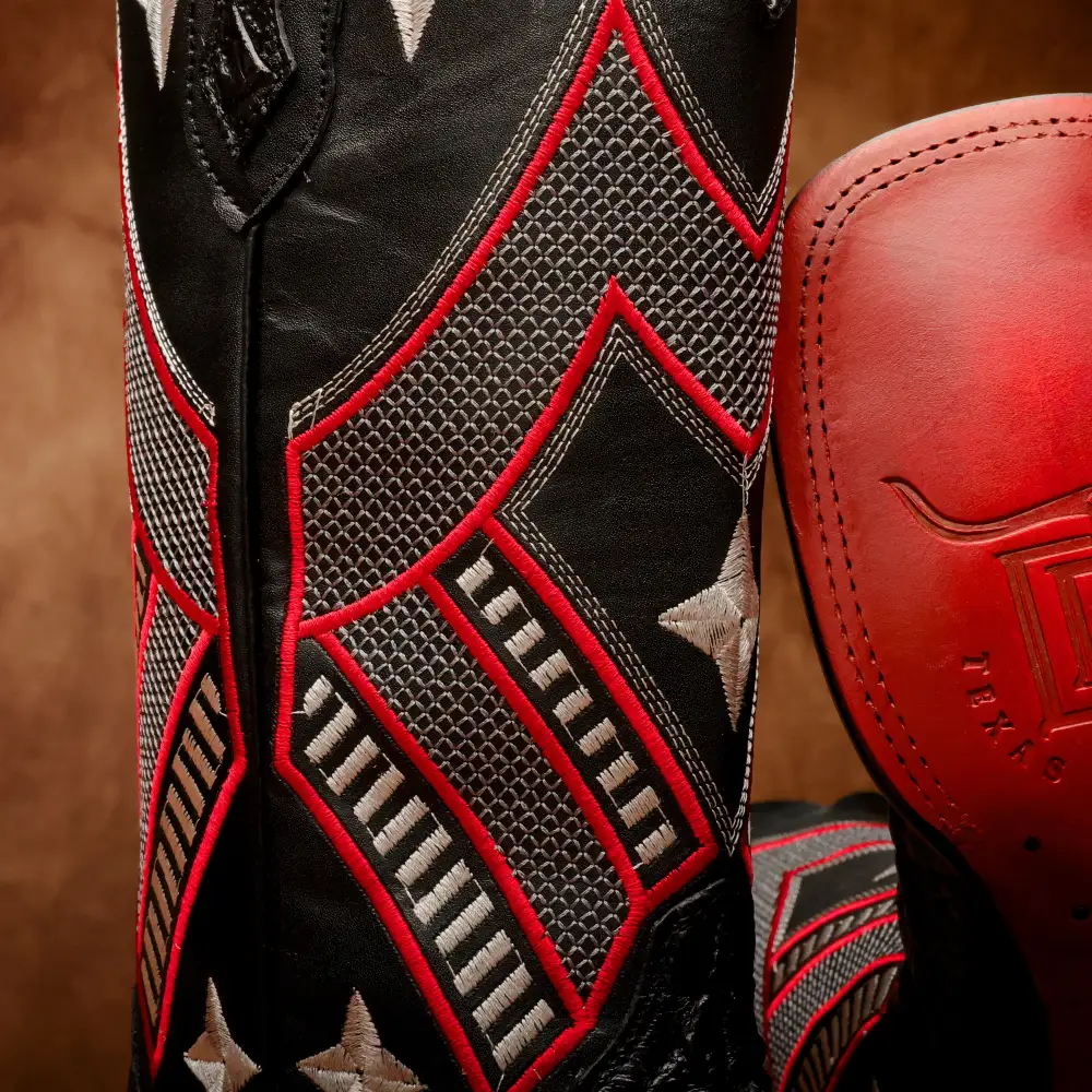 Black Caiman Neck Leather Boots - Square Toe