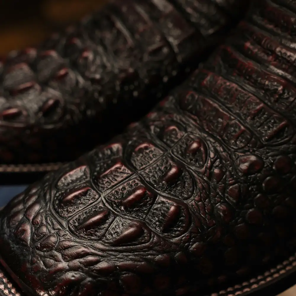 Black Cherry Caiman Neck Leather Boots - Square Toe