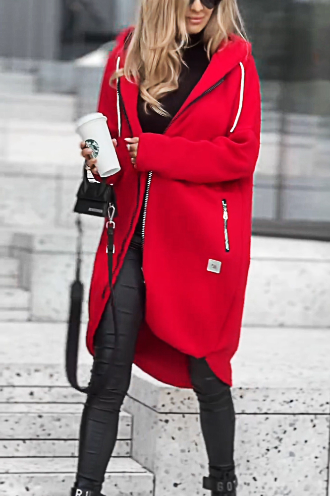 Zipper hooded casual mid length jacket