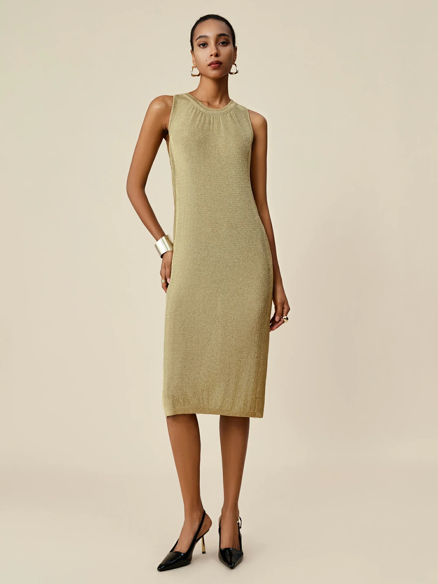 Metallic Yarn Round Neck Sleeveless Knitted Dress