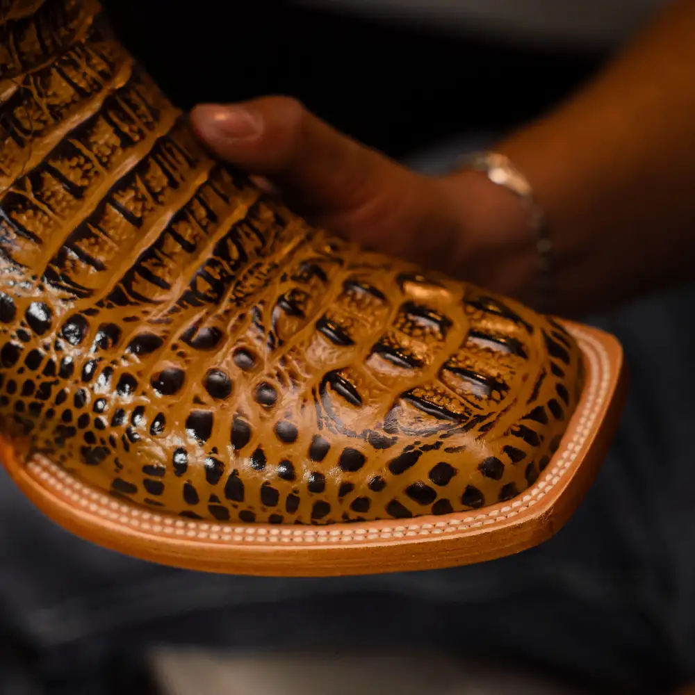 Honey Caiman Neck Leather Boots - Square Toe