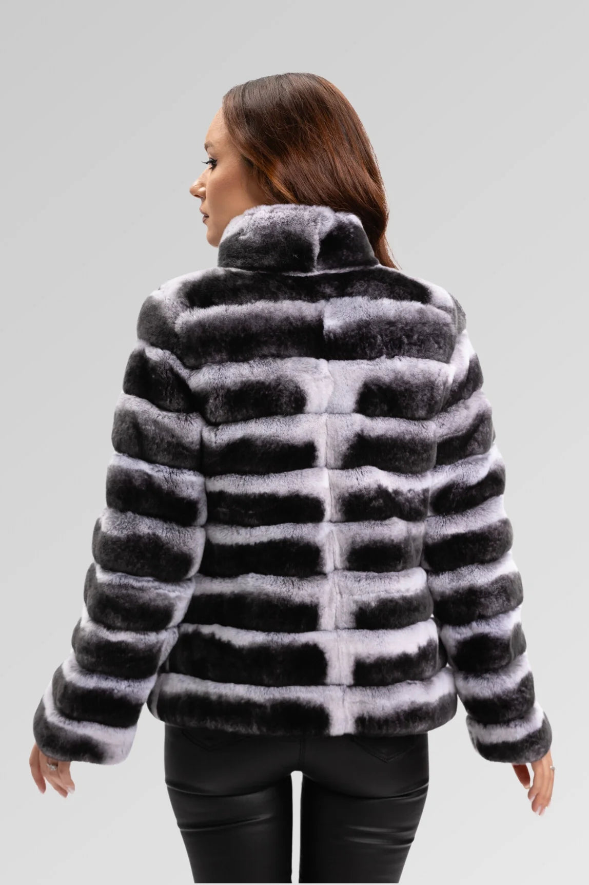 Haină din Blană Naturală de Rex Chinchilla, Guler Tunică, Femei, Silver Grey 180