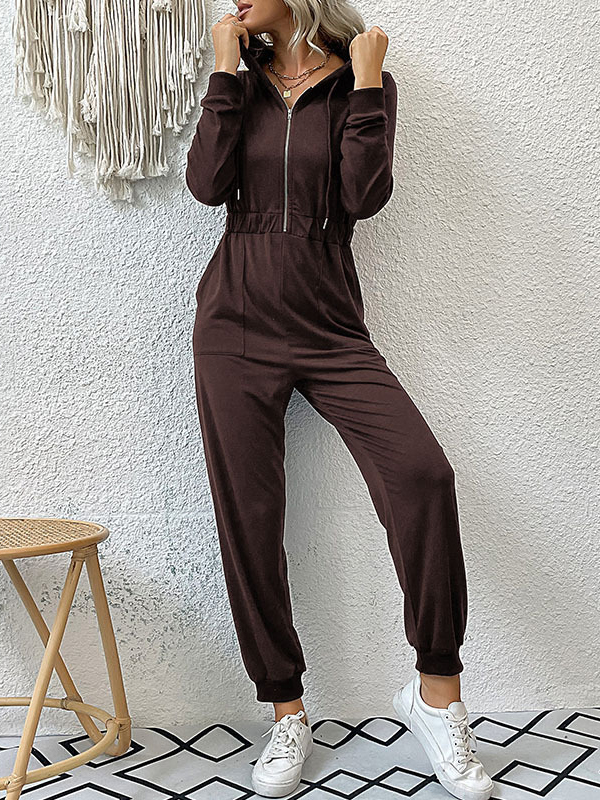 Elasticity Split-Joint Zipper Skinny Hooded Jumpsuits