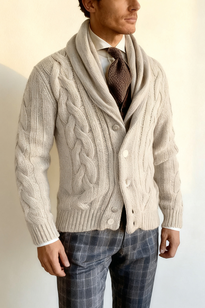 Men's Off-White Cable Knit Shawl Collar Cardigan
