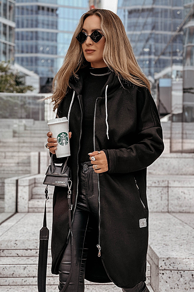 Zipper hooded casual mid length jacket