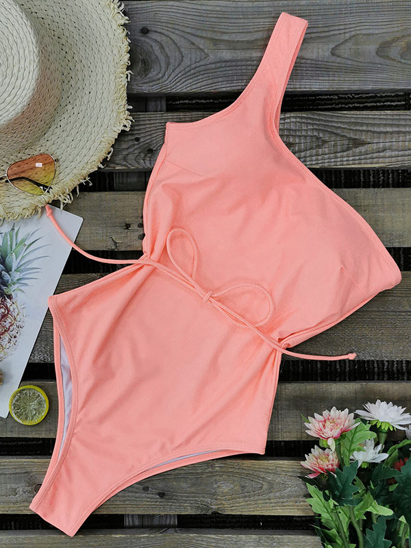 One-Shoulder Belted Chinlon One-Piece Swimwear