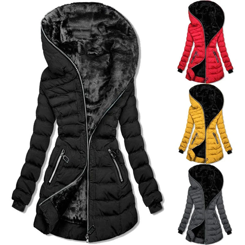 Women's hooded coat with plush lining