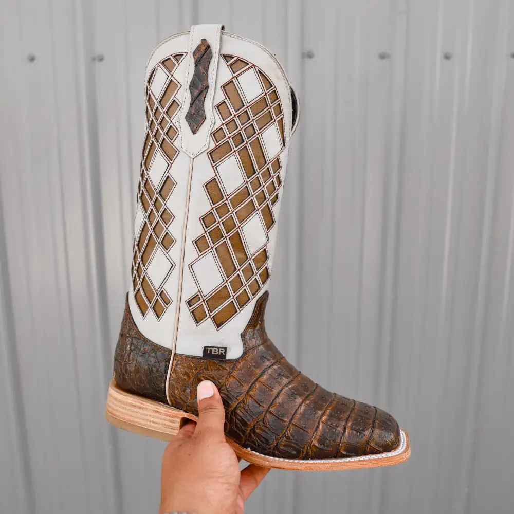 Honey Caiman Hornback Leather Boots - Square Toe