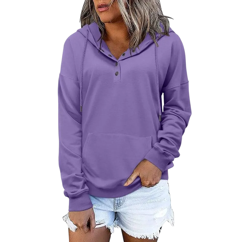 Womens Hooded Button Collar Drawstring Hoodies Pullover Sweatshirts