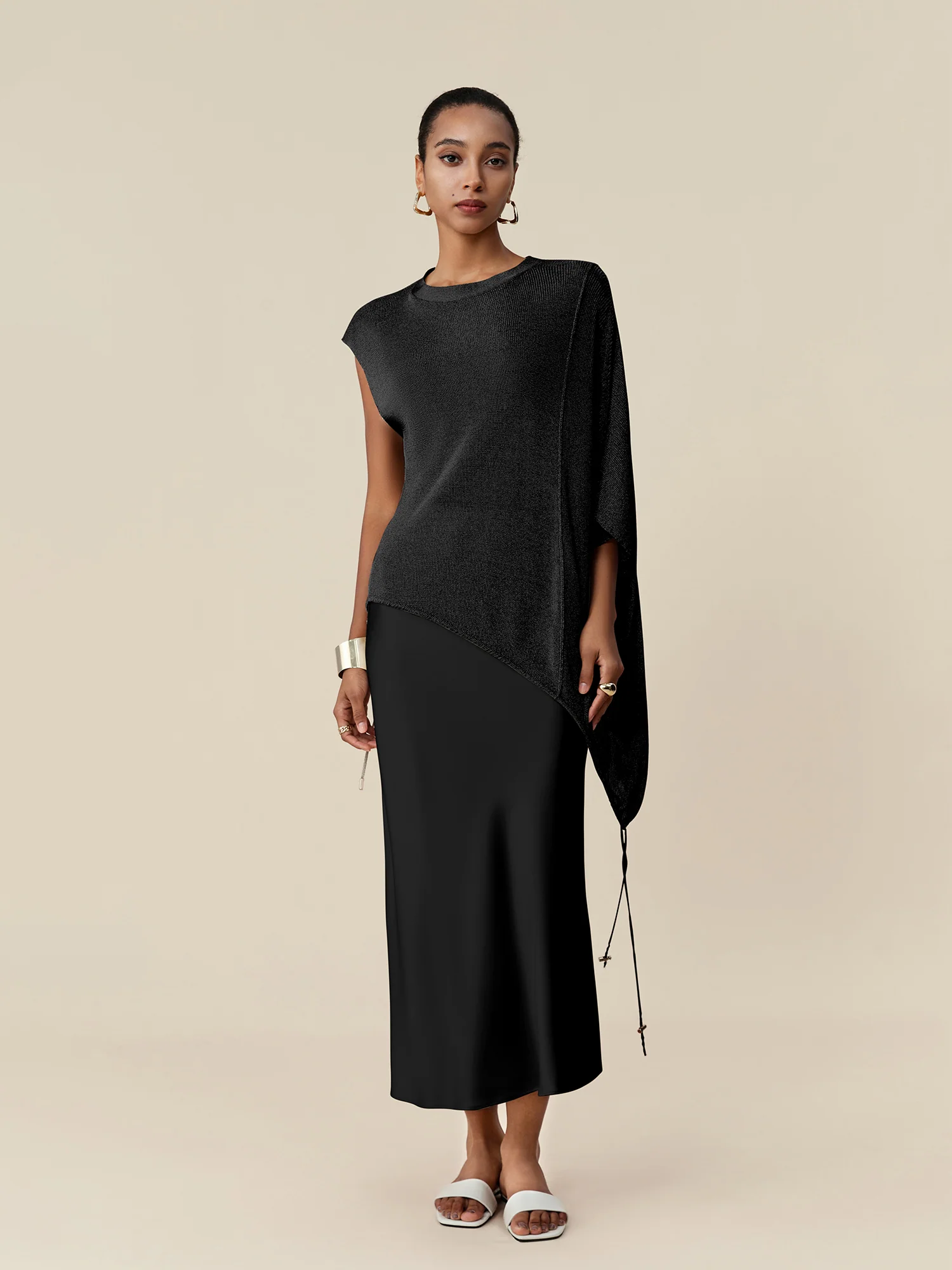 Round Neck Short Sleeve Drawstring Glitter Top