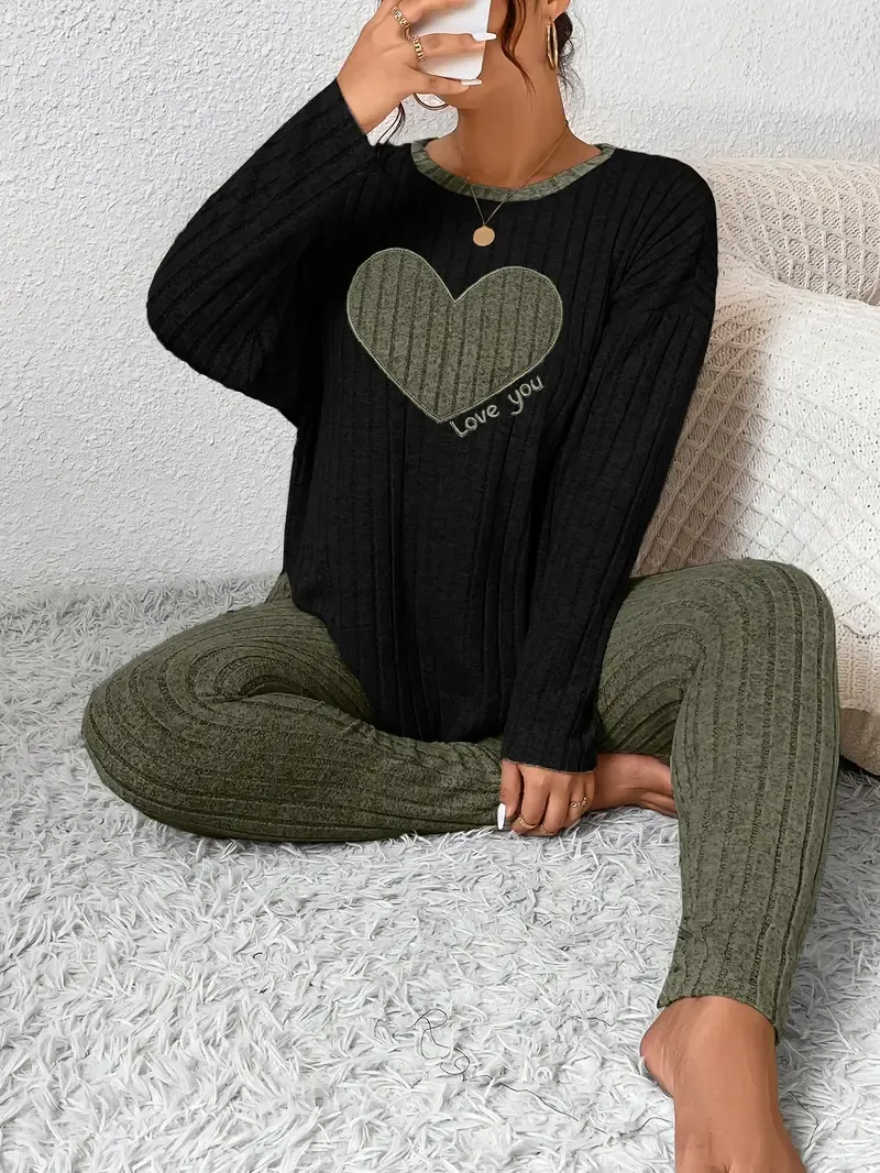 Plus Size Heart Fitted Long Sleeve And Long Pants Loungewear Set