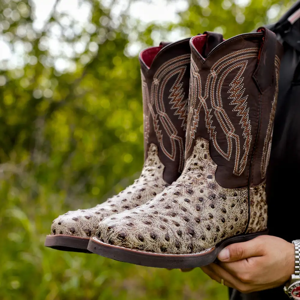 Desert Ostrich Leather Boots With Lightweight Soles - Square Toe