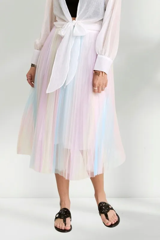 Pleated Mesh Flare Midi Skirt