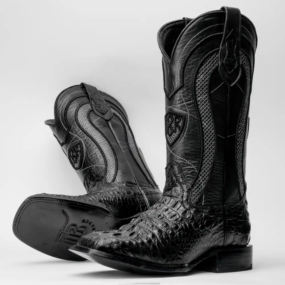 Black Caiman Neck Leather Boots - Square Toe