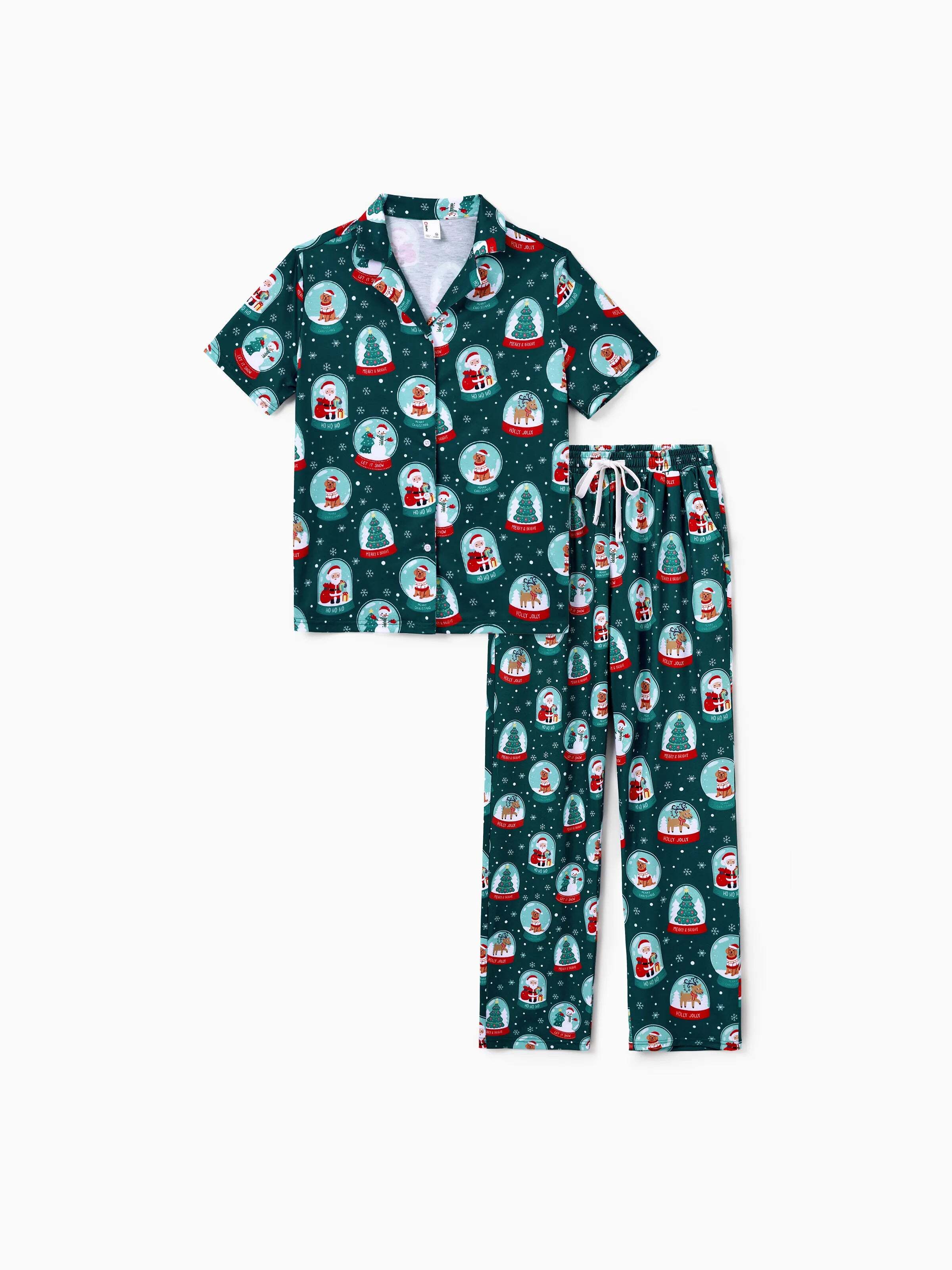 Christmas Matching Family Pajamas Set Santa Claus Christmas-themed Print PJS Turquoise
