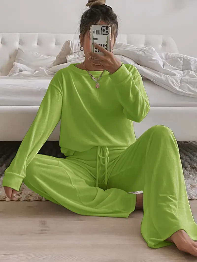 Women's Solid Casual Lounge Set, Long Sleeve Round Neck Top & Elastic Drawstring Pants, Comfortable Relaxed Fit For Fall