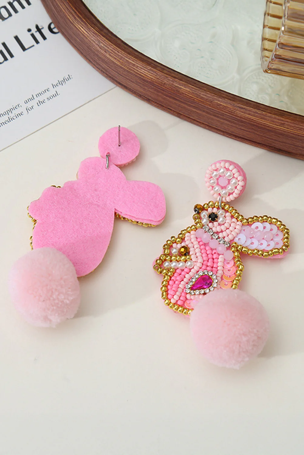Pink Beaded Easter Bunny Fluff Stud Dangle Earrings