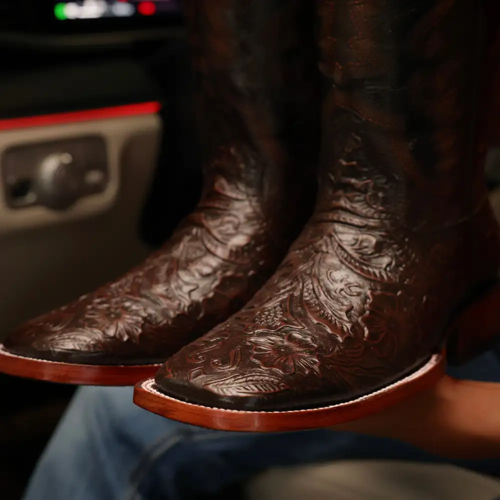 Cinnamon Brown Hand-Tooled Leather Boots — Square Toe