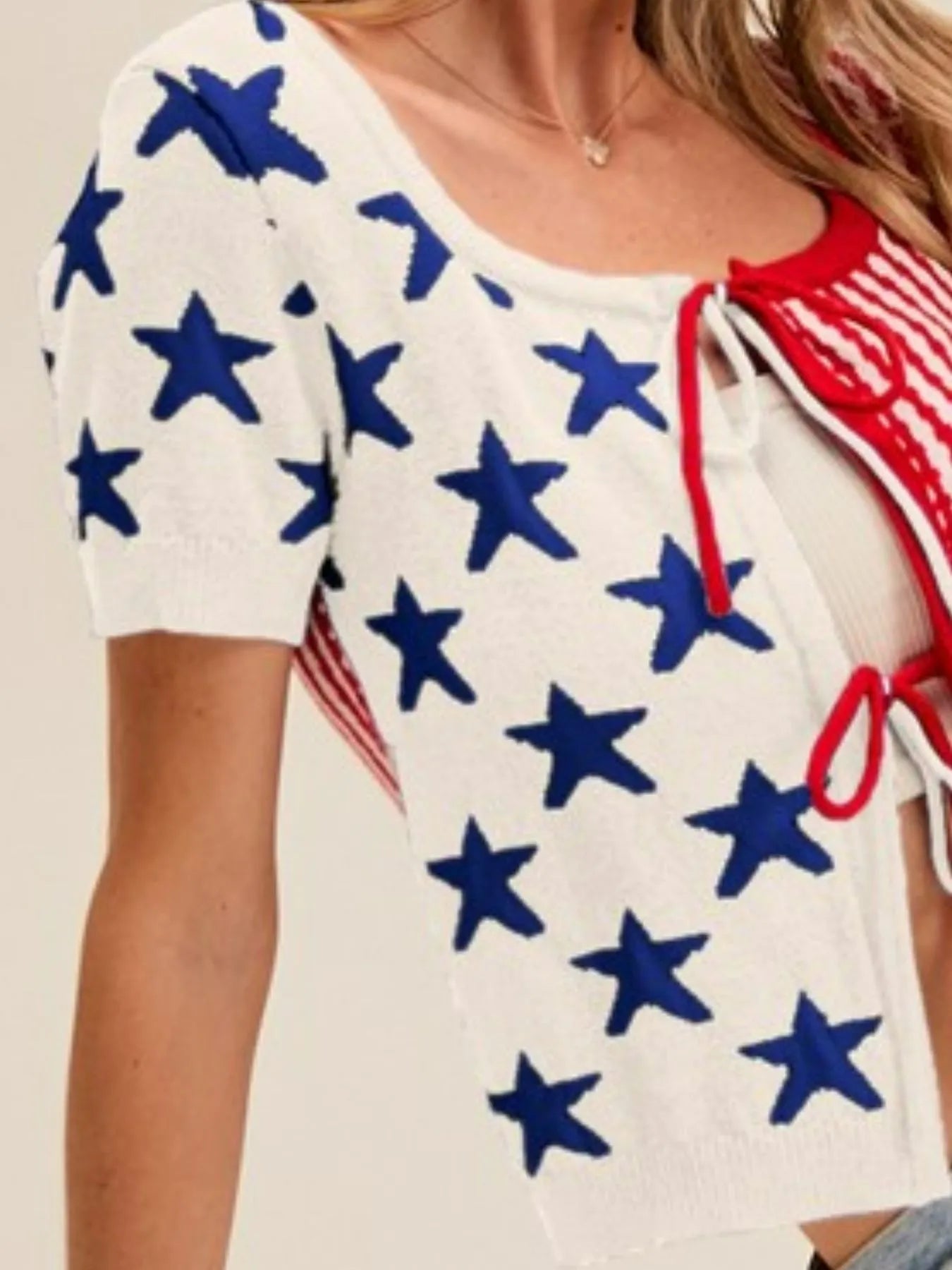 Stars and Stripe Front Bow Tie Sweater Cardigan