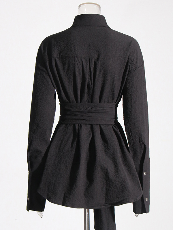 Belted Buttoned Long Sleeves Loose Lapel Shirt Dress Mini Dresses