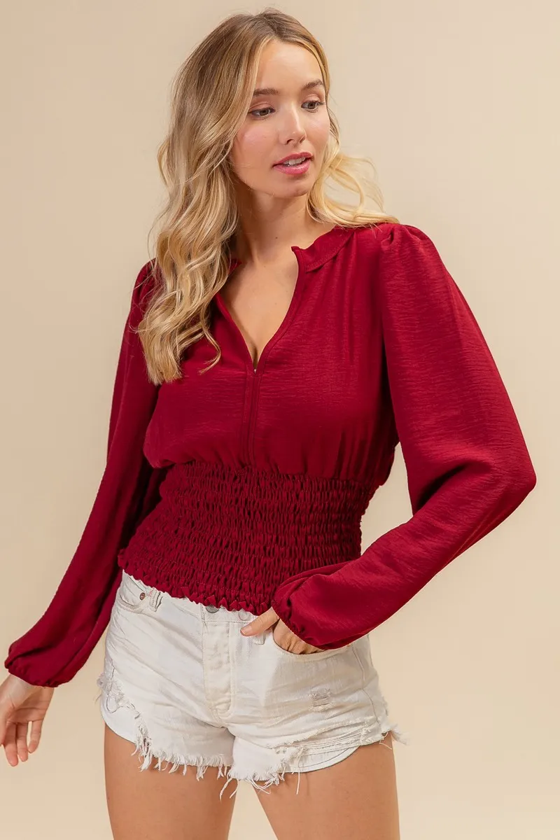 Smoking Waist Band and Puff Sleeves Deep V Neck Top