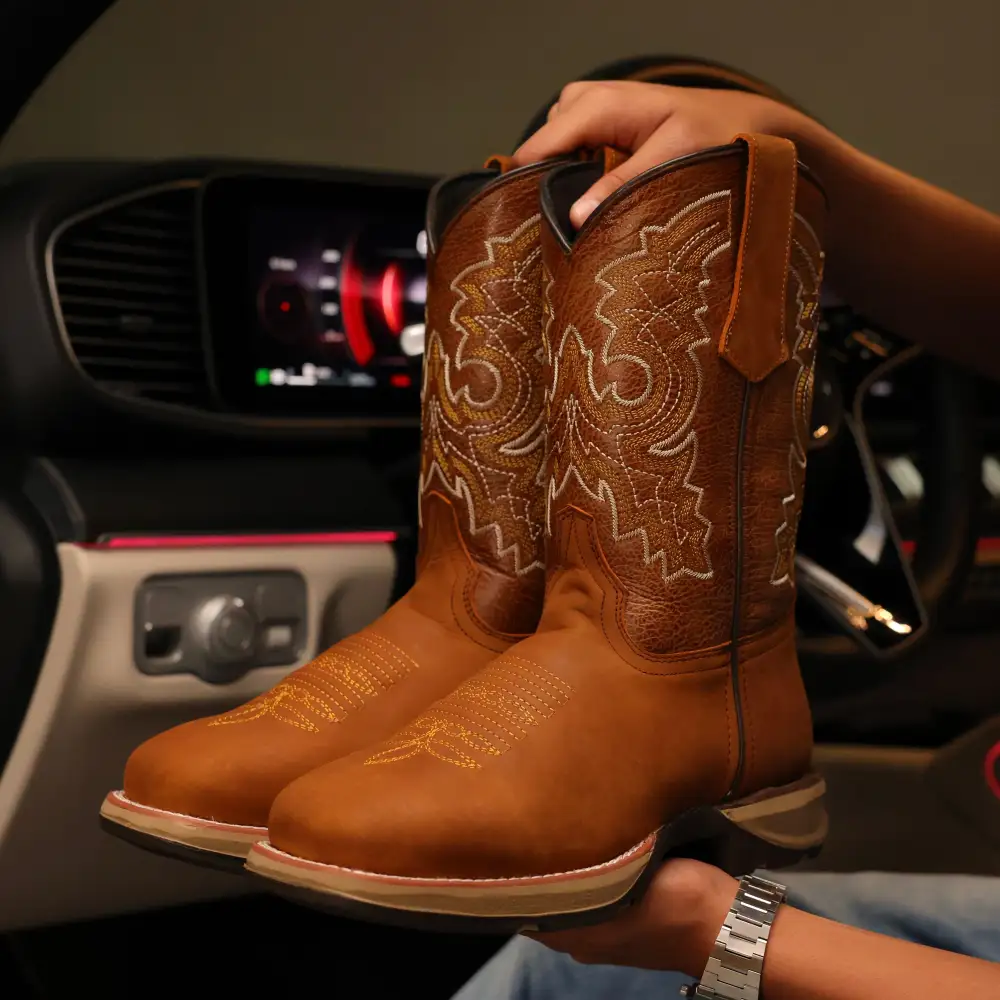 Light Honey Leather Work Boots - Square Toe