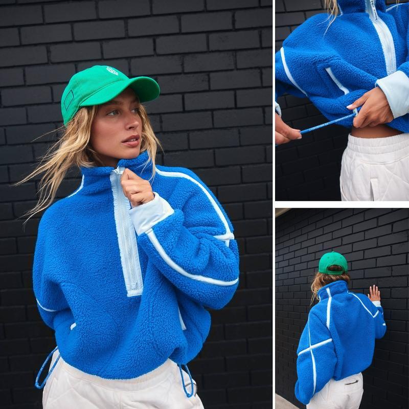 Women's Half Zip Sherpa Fleece Pullover – Color Block Oversized Cozy Sweatshirt with Pockets