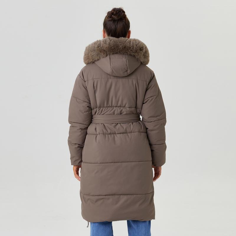 Women's Classy Solid Color Fluffy Hooded Waist Tie Zipper Thermal Long Outerwear with Gloves