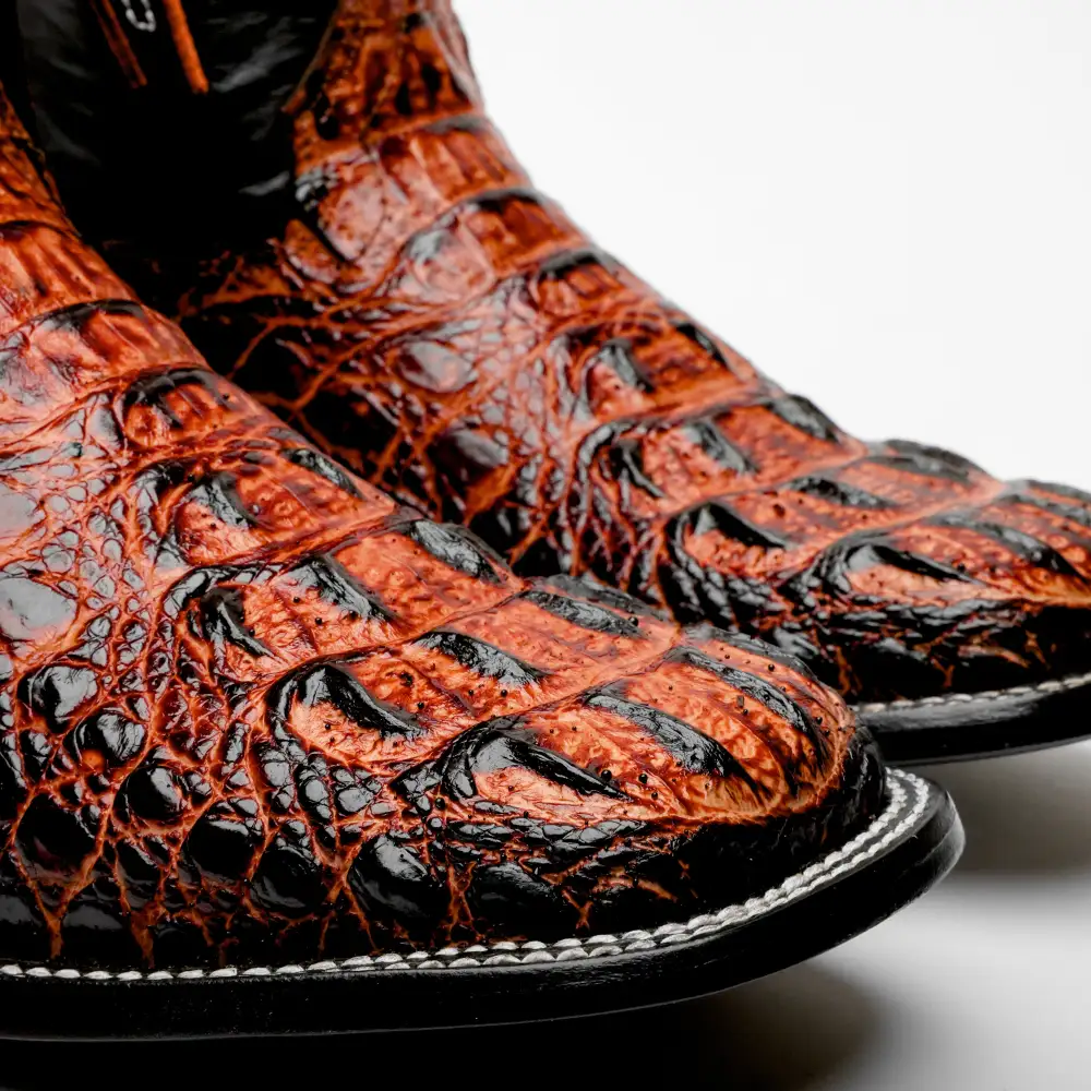 Cognac Caiman Neck Leather Boots - Square Toe