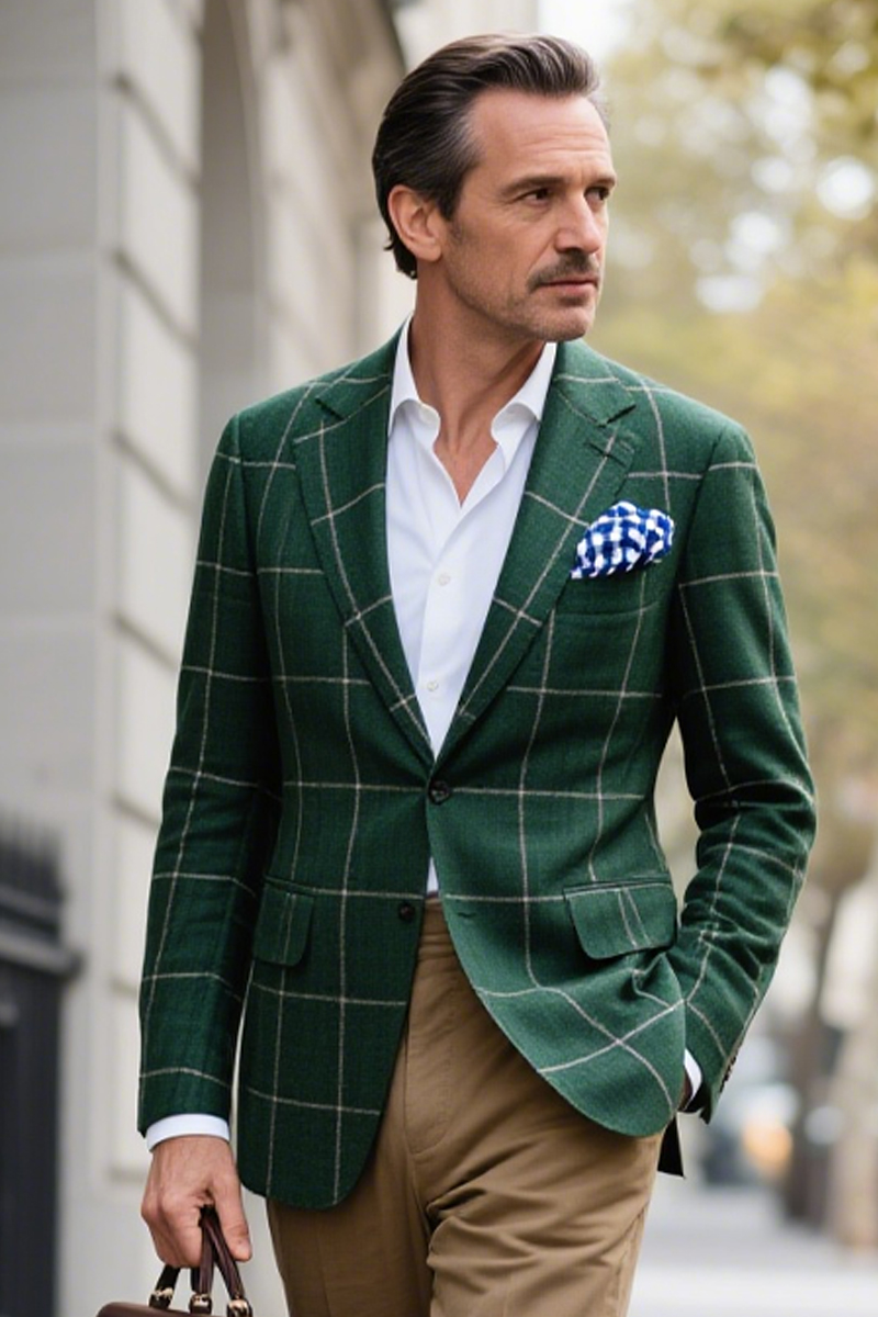 Men's Green Plaid Single-Breasted Blazer