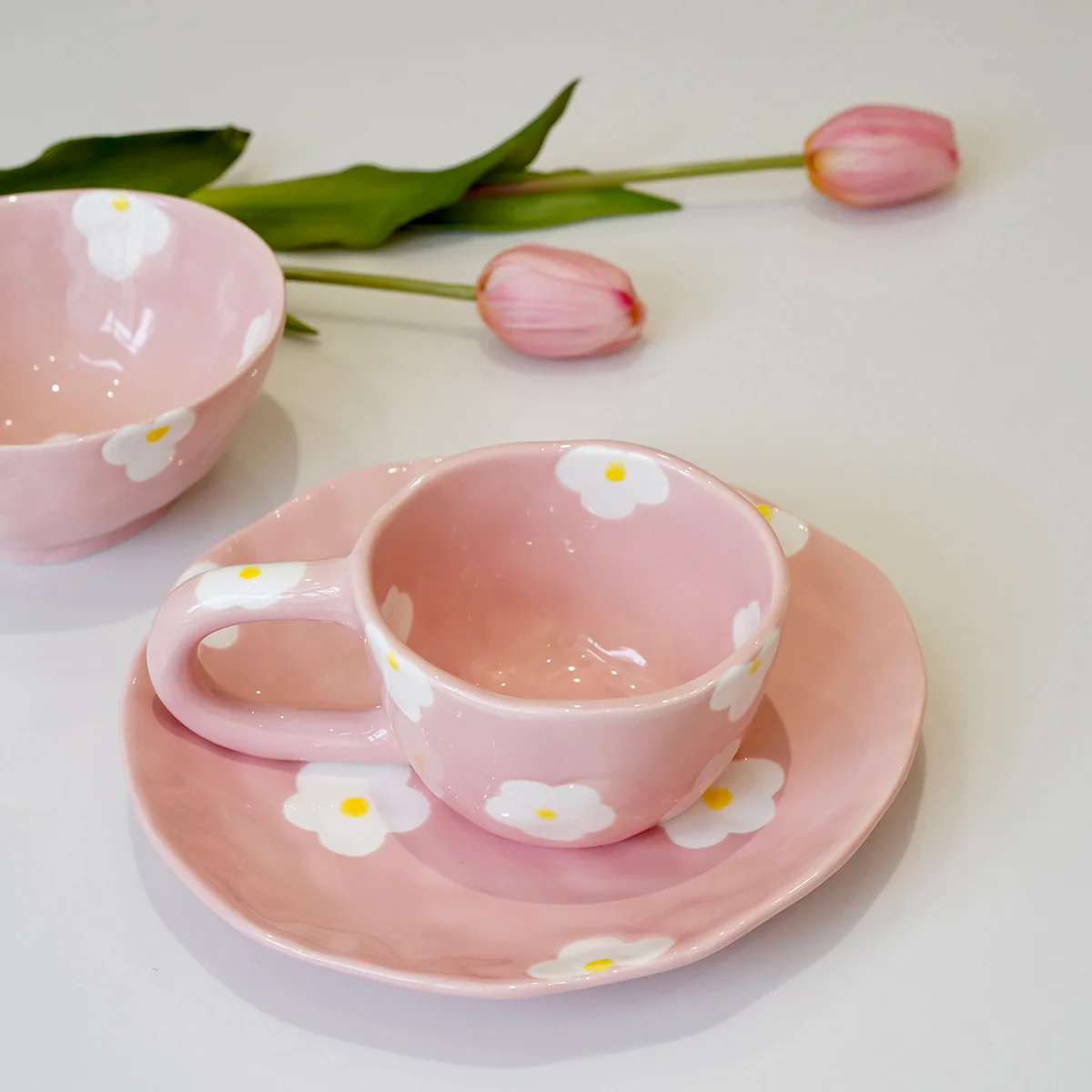 3PC Ceramic Painted Flower Plate, Bowl & Mug