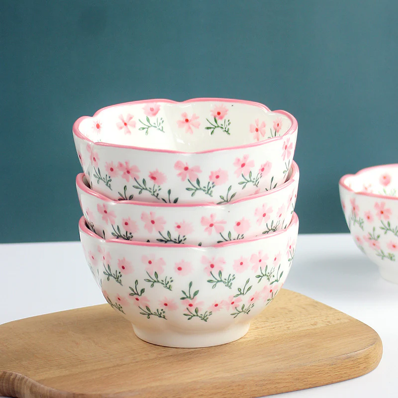 Japanese Style Small Broken Flower Ceramic Lace Rice Bowl