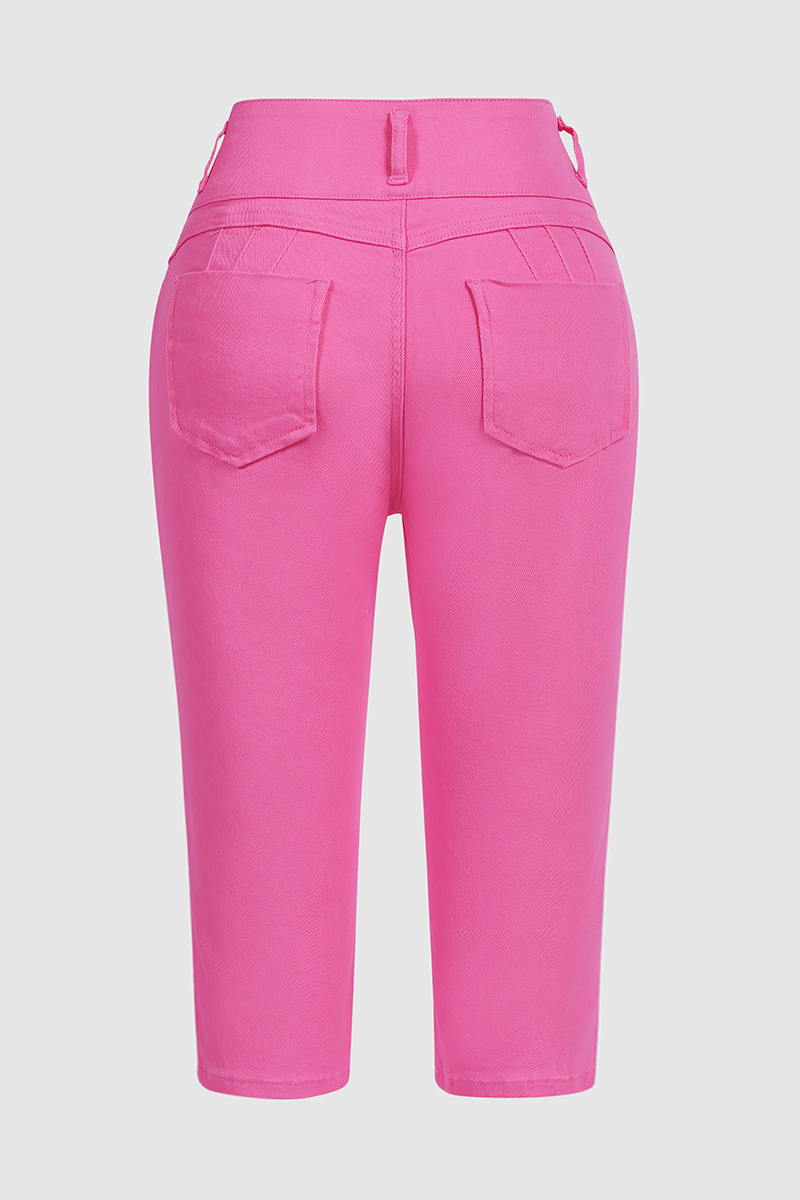 Solid Cut Out Waist Skinny High Waist Capri Jeans2