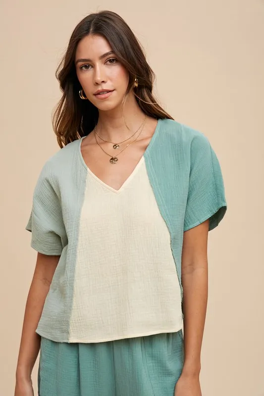Wear Color Block Cotton Gauze V-Neck Top