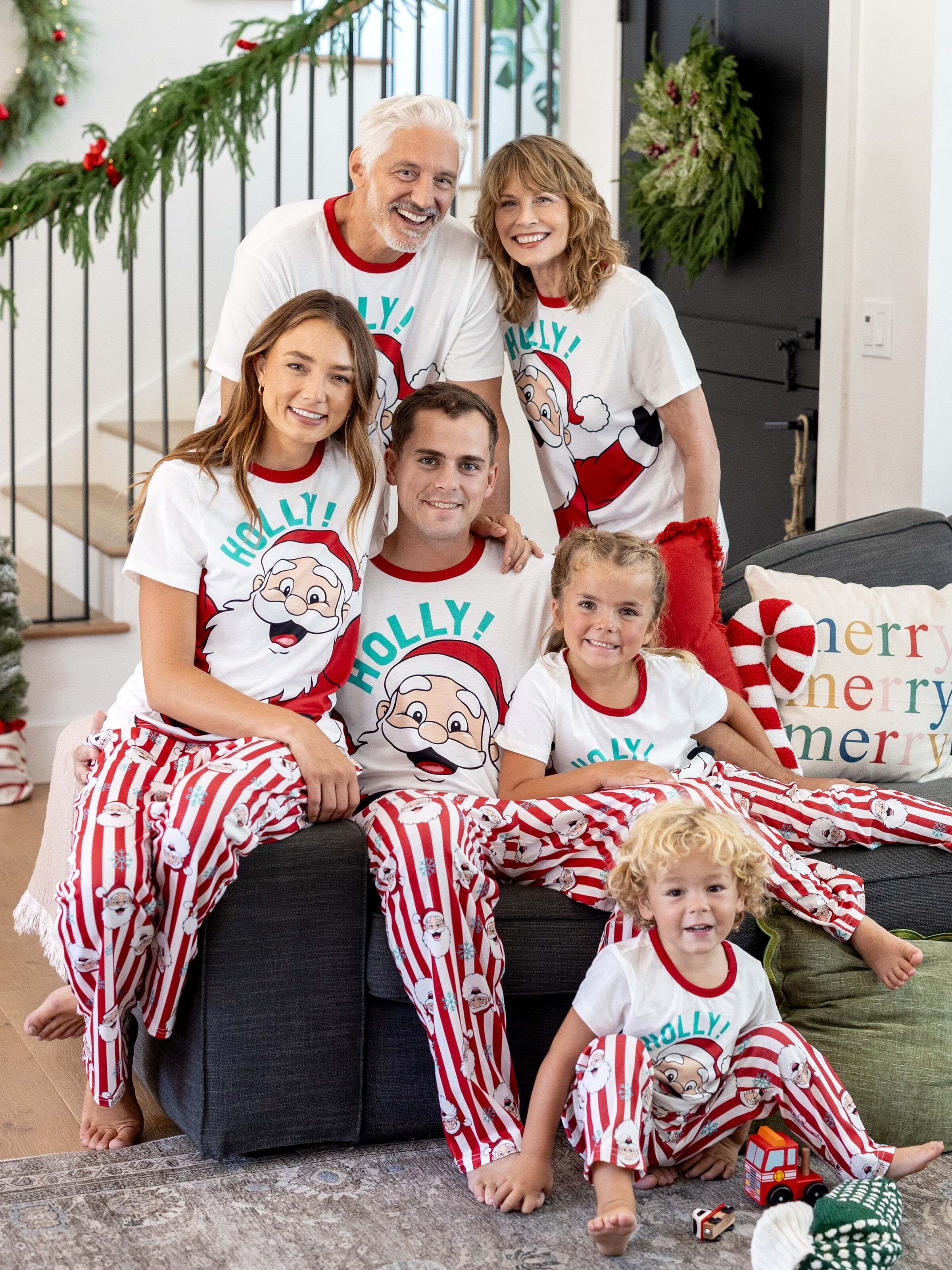 Christmas Matching Family Pajamas Set Santa Claus and Snowflakes Red Stripes PJS Red
