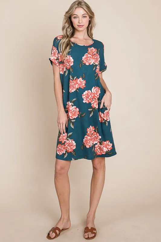 Floral Round Neck Short Tee Dress with Pockets